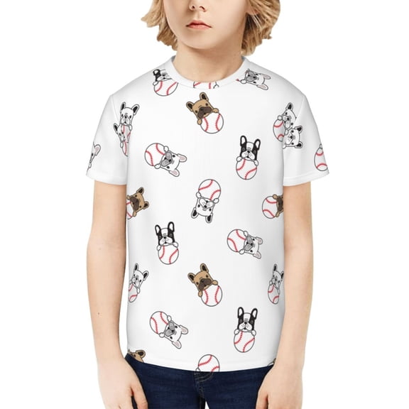 Fuzoiu Bbaseball Dog Print Boys' Casual T-Shirt,Crewneck Undershirts,Boys Athletic Shirt,Short Sleeve T-Shirts for Outdoor Play