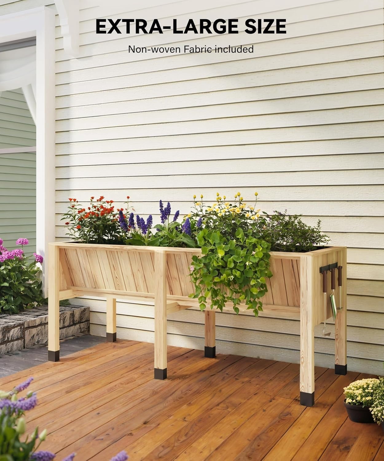 Garvee 72"x26"x31" Elevated Wooden Raised Garden Bed with Storage Hooks for Vegetables,Flowers,Beige