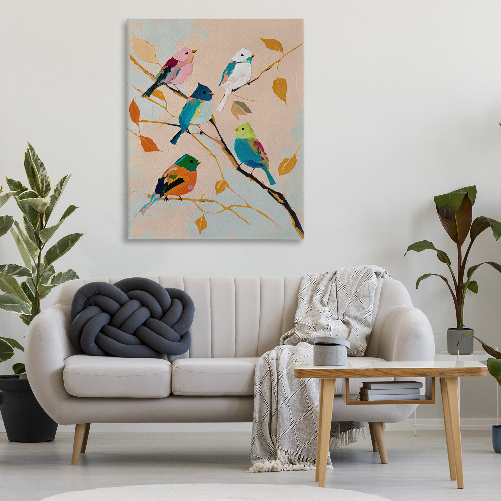 Stupell Industries Parakeets on Fall Branch Animals Painting Wrapped Canvas Art Print Wall Art, 36 x 48