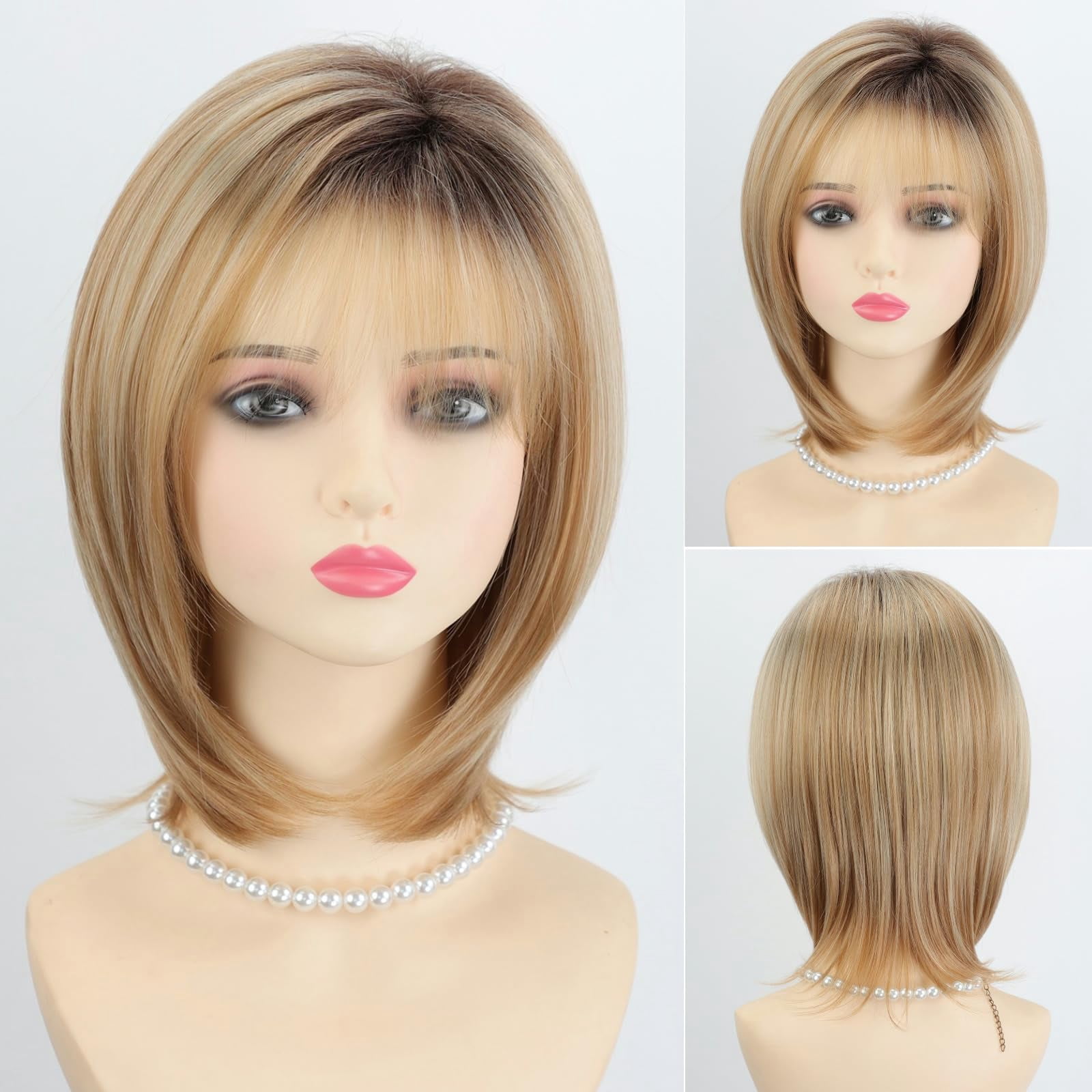 Layered Blonde Balayage Bob Wig for Women Medium Length Straight Synthetic Hair with Bangs Ombre Platinum Brown