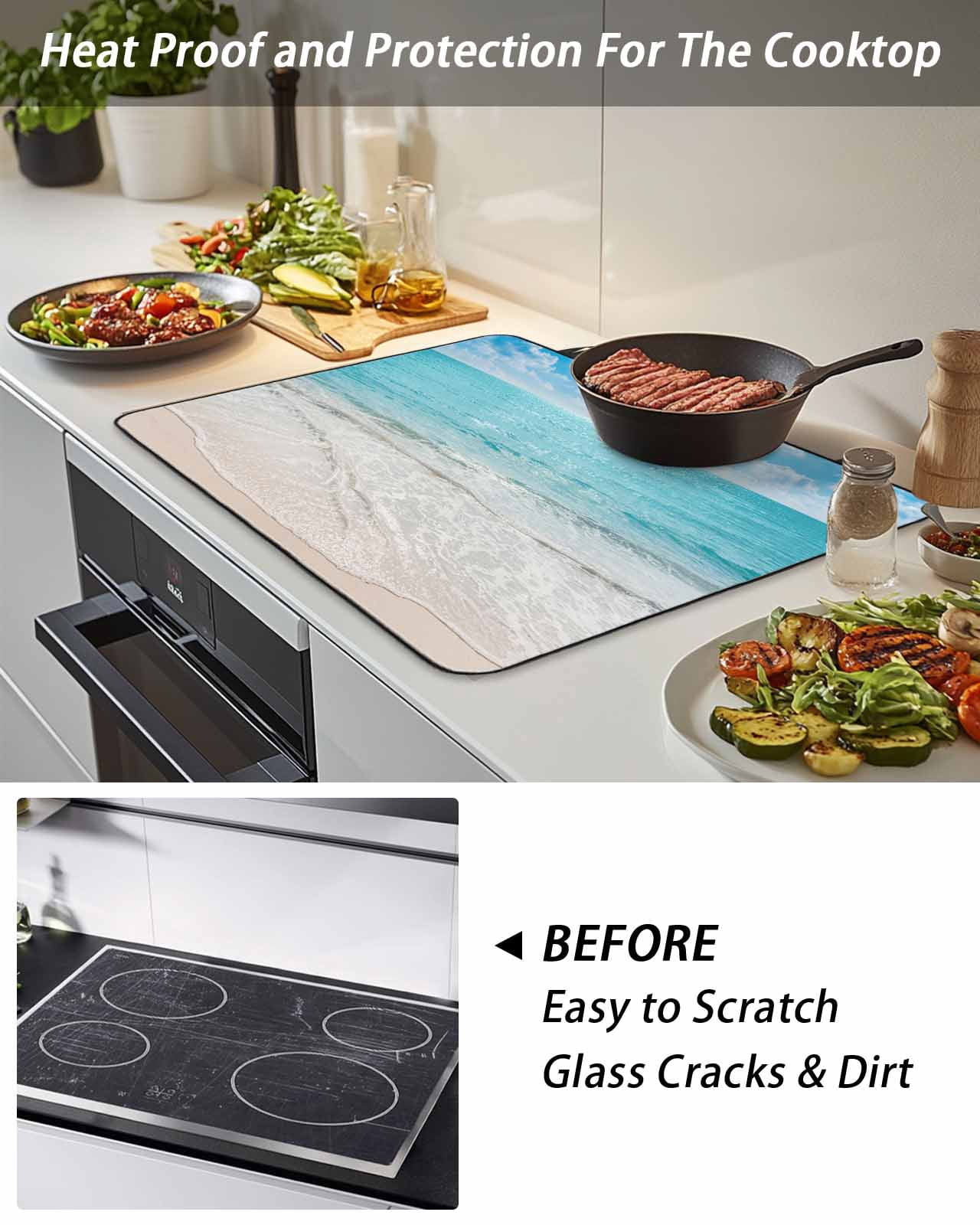 Stove Top Covers for Electric Stove, Summer Beach Glass Stovetop Cover Protector, Blue Coastal Ocean Seaside Nautical Induction Cooktop Protector Oven Mat for Kitchen Countertop 24"x21"