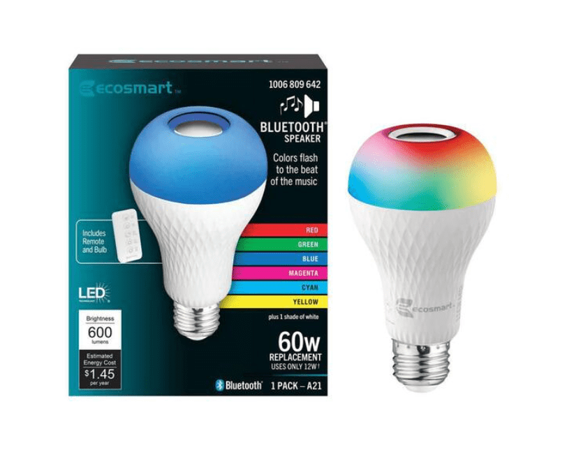 EcoSmart 60-Watt Equivalent A21 Bluetooth Speaker Colored Plus Bright White E26 Medium LED Light Bulb W/ Remote Control (1-Pack)