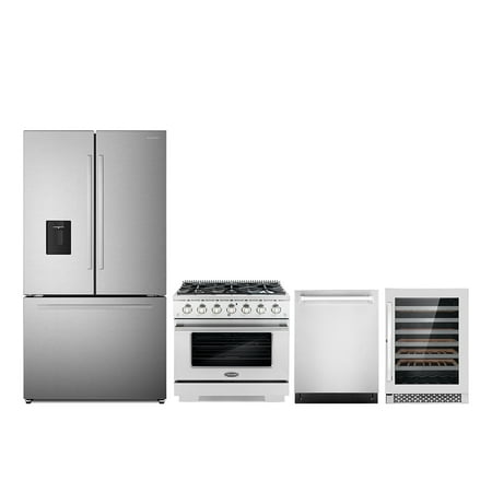 4 Piece Kitchen Package with 30  Freestanding Gas Range 24  Built-in Fully Integrated Dishwasher French Door Refrigerator & 48 Bottle Freestanding Wine Refrigerator