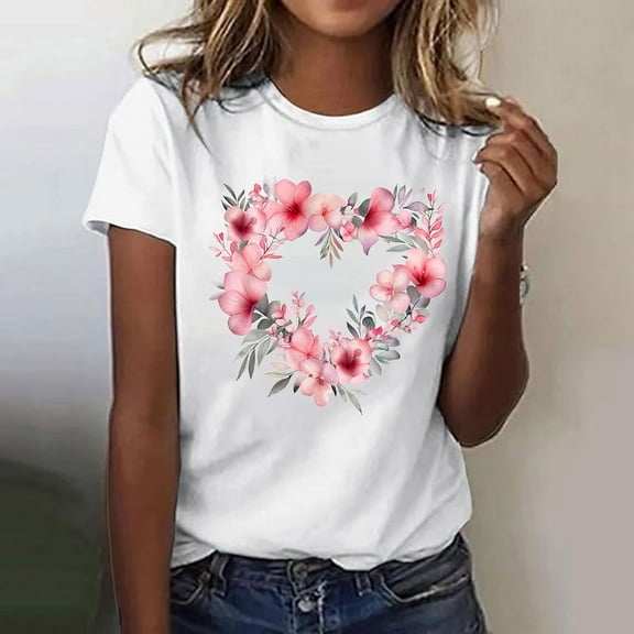 QETYUW Tshirts Shirts for Women Short Sleeve Casual Shirt Valentine'Day Floral Graphic Tees Crew Neck Plus Size Tee Summer Tops