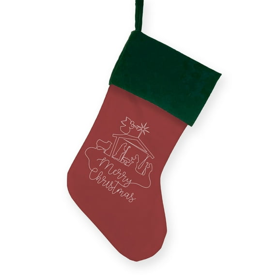 Merry Christmas Nativity Red 19" Sublimatable Stocking Green Cuff