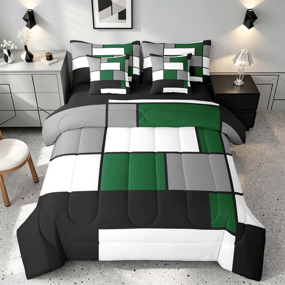 Manfei Abstract Grid Twin Bedding, Forest Green Checkered Bedding Comforter Set, Black Reversible 7 Pieces