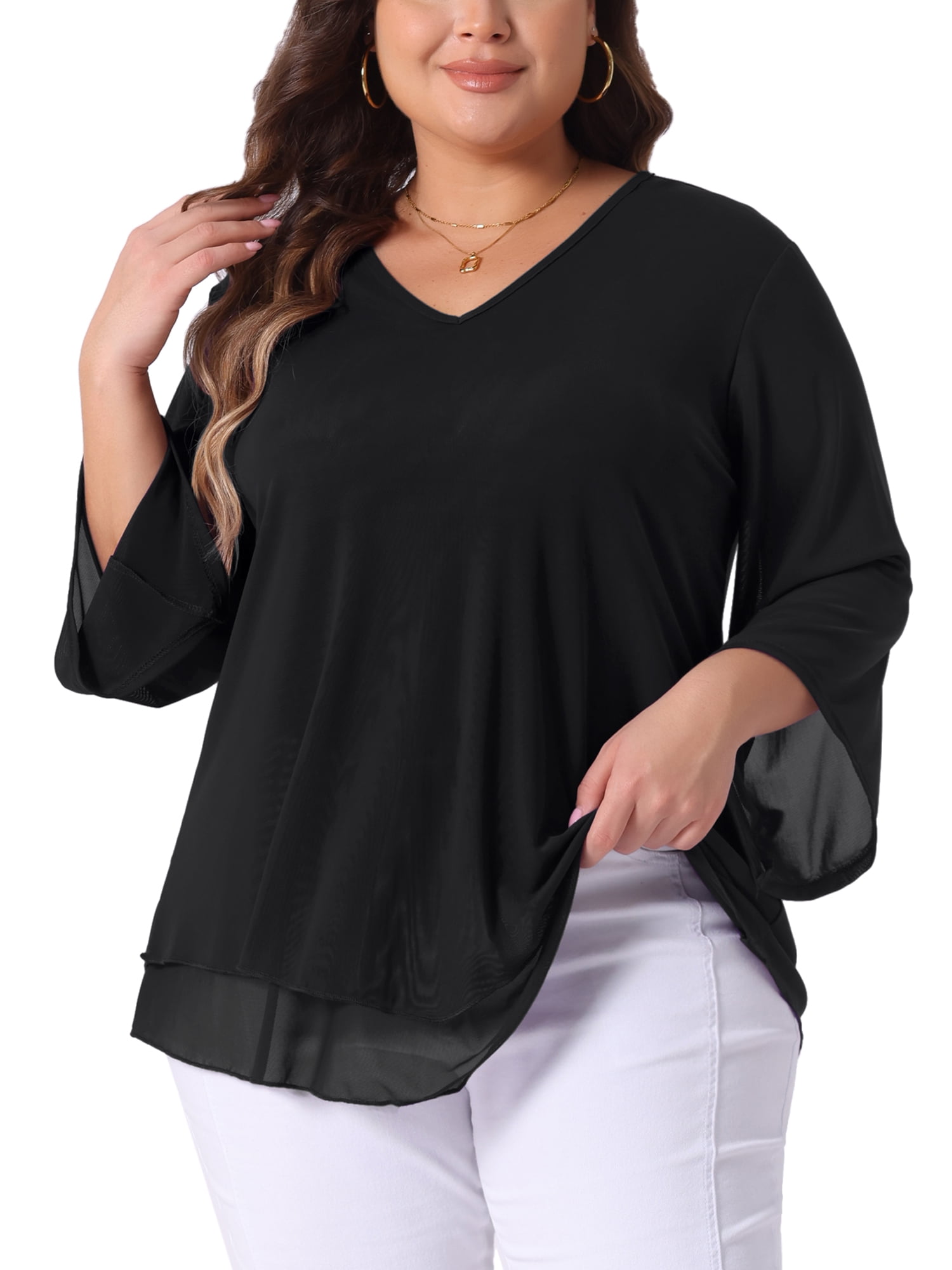Women's Plus Shirt 3/4 Sleeve Scoop Neck Double Layers Blouse Top 2X Black