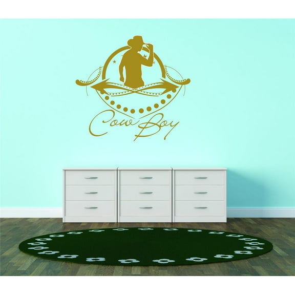 Design With Vinyl Artwork Gold Cowboy Art Work Rodeo Horse Roper Wall Decal for Children - Ranch Ranchhand Hat Wild West Themed Décor - Size: 16 In x 16 In