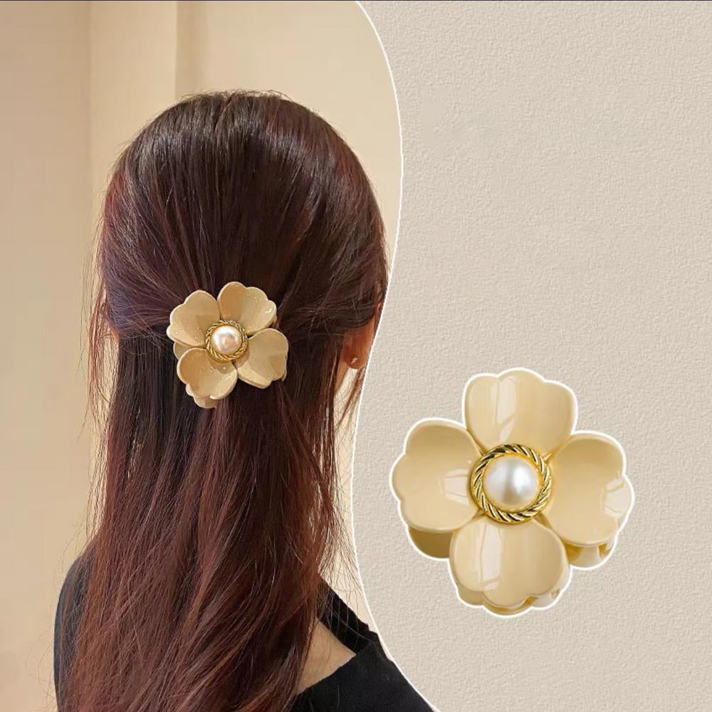 Flower Pattern Plastic Claws Barrette Hair Clamp Clip Gold Tone Coffee Color 