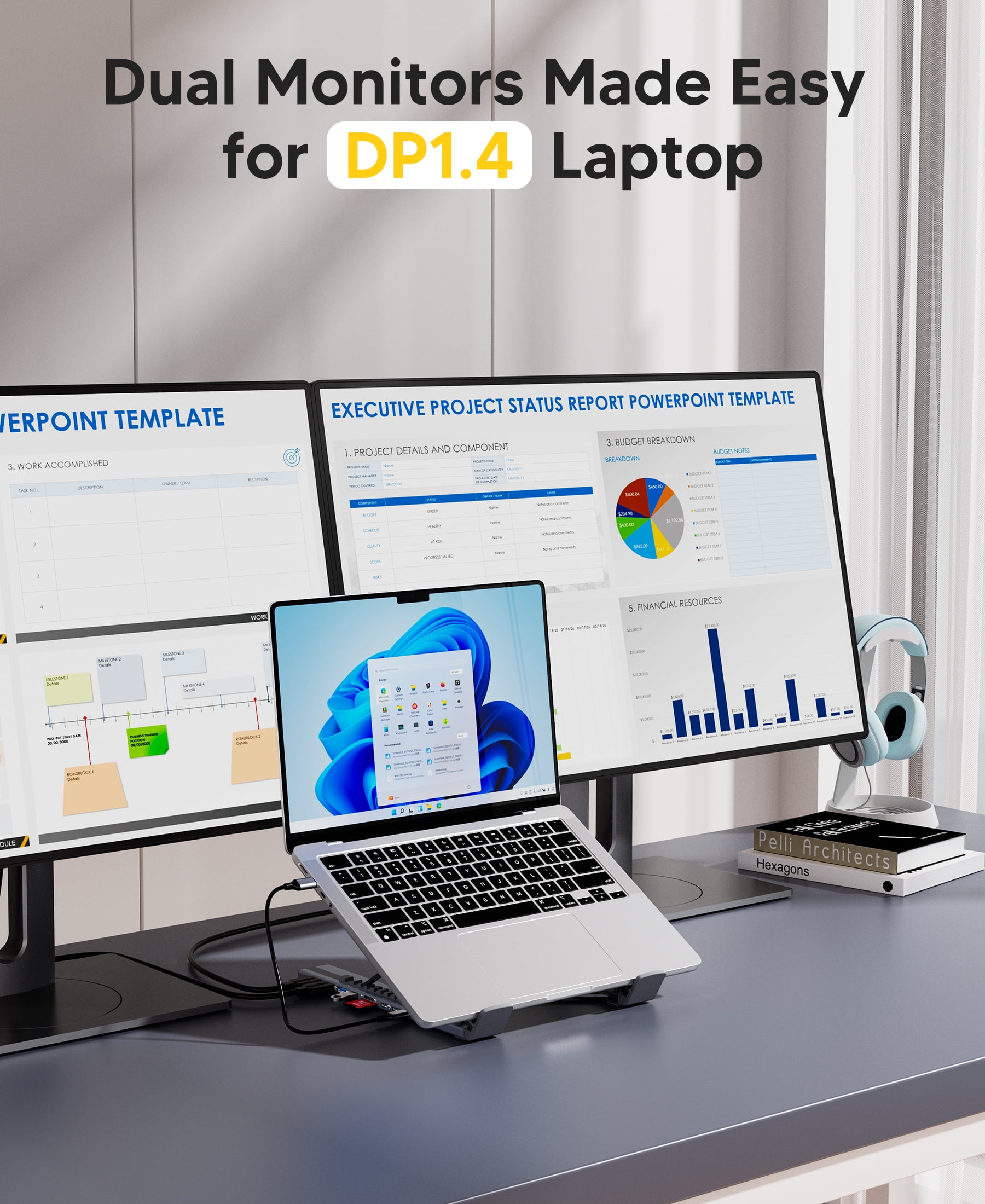 USB C Laptop Docking Station Stand with double 4K HDMI,9 Ports | Powered USB C Hub | Adjustable Laptop Stand for 10-17" Laptops | Lightweight & Portable Design | Ideal for Tablets, Laptops Stand