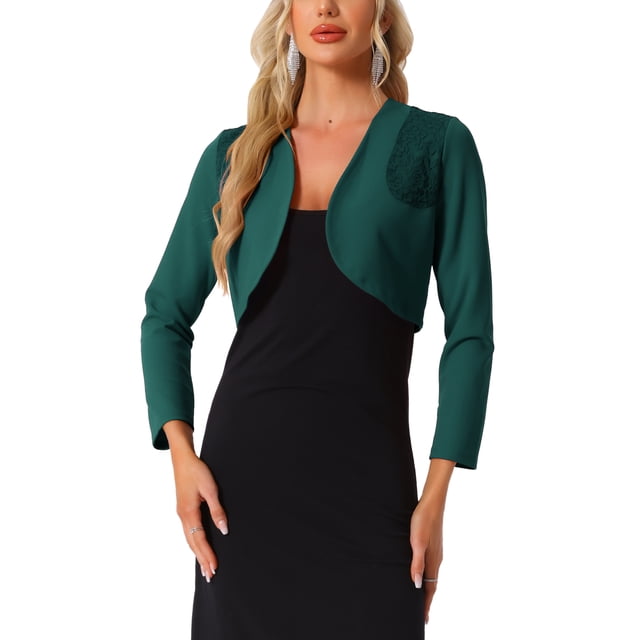 INSPIRAR CHIC Top de Mujer Cárdigan Corto Elegante de Manga Larga con Panel de Encaje Floral Suéter Top M Verde Oscuro