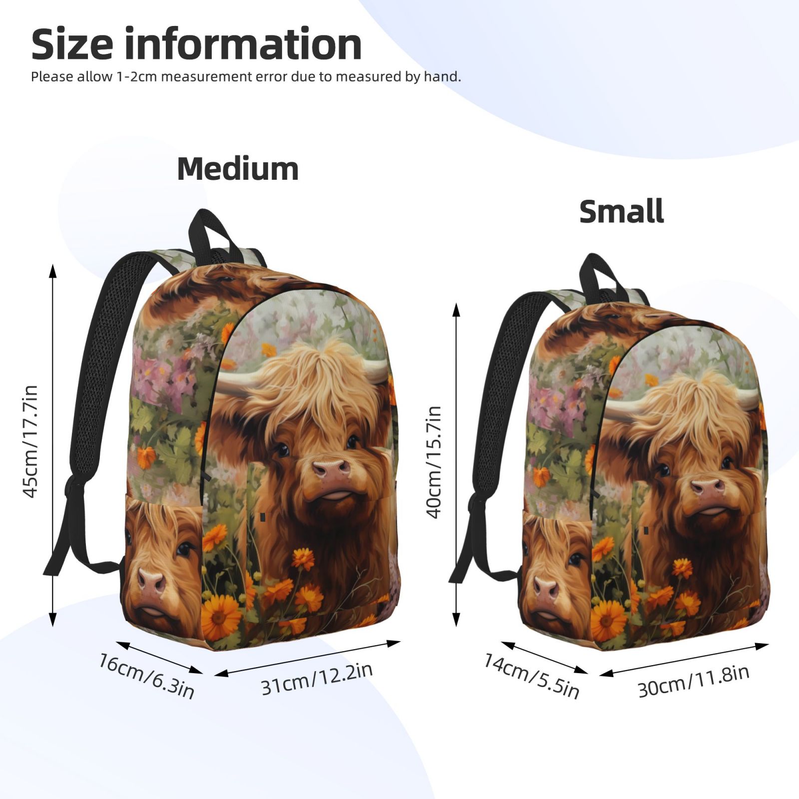 Vsdgher Cute Floral Cow Print Canvas Backpack Travel Rucksack Unisex Knapsack 15.7/17.7Inch Laptop Backpack for Work,College -Small