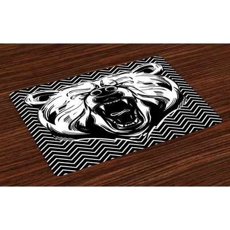 

Bear Placemats Set of 4 Aggressive Animal with Dangerous Expression Scary Roaring Mammal on Zigzag Pattern Washable Fabric Place Mats for Dining Room Kitchen Table Decor Black White by Ambesonne