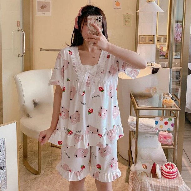 Conjunto de pijama de manga corta para mujer, ropa de dormir cómoda con encaje de algodón, con estampado, para verano