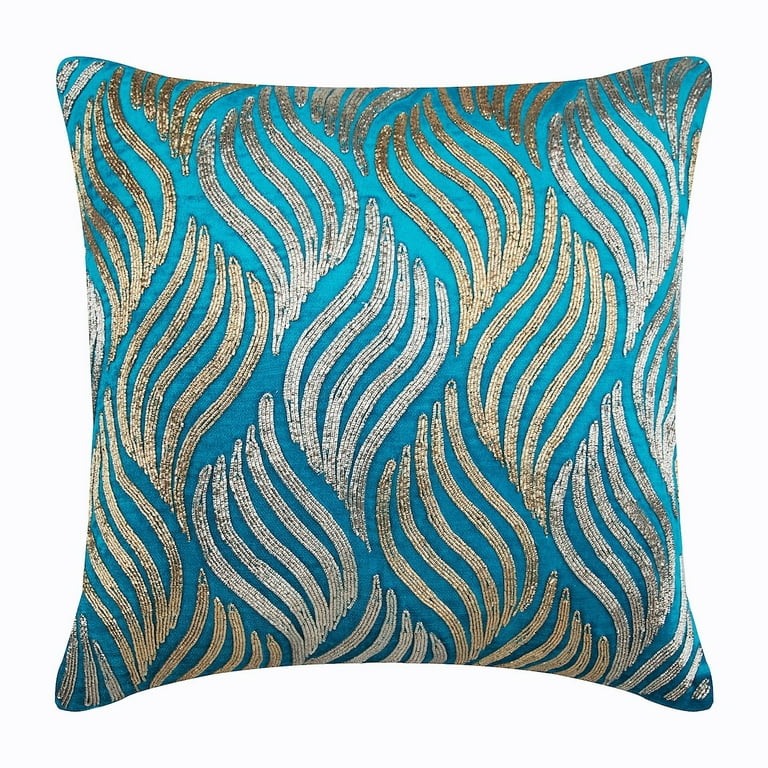 Turquoise Pillows Cover Zardozi Floral Sparkly Pillows Cover