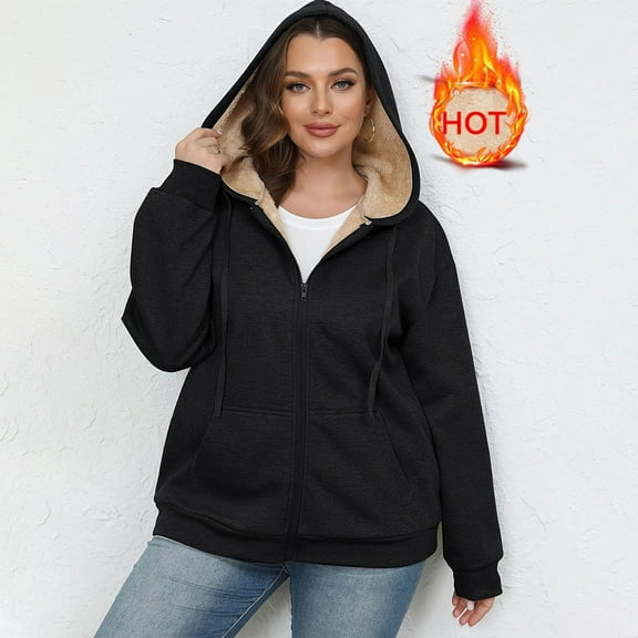 Fanxing Zip Up Hoodie Women Plus Size Long Sleeve Fleece Jackets Casual Warm Sherpa Lined Sweatshirt Jacket Oversized Cute Fall Winter Coats Black 3XL