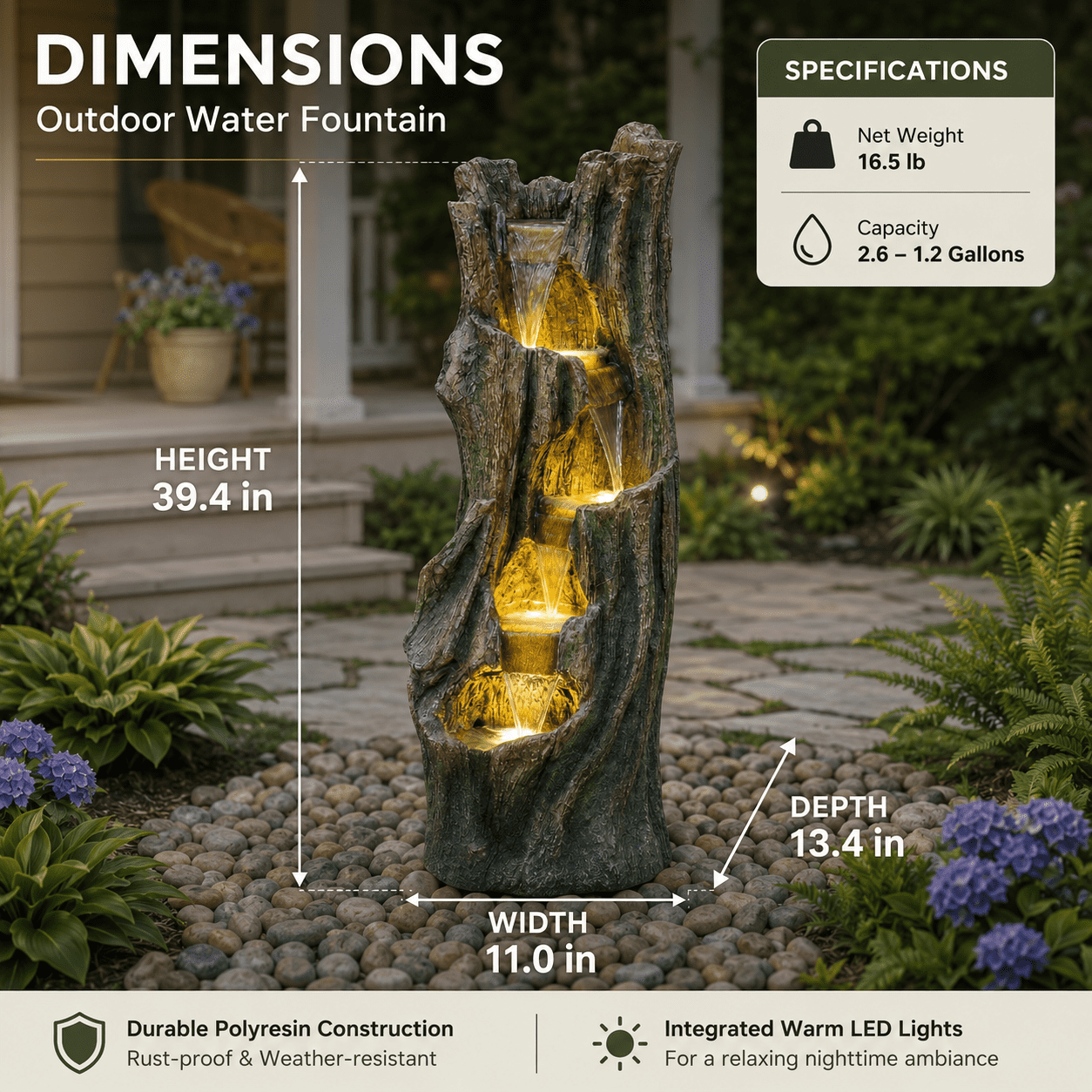 Aukfa Tree Design Outdoor Water Fountain with LED Lights, Tall Resin Waterfall Feature for Patio Garden Backyard,Gray