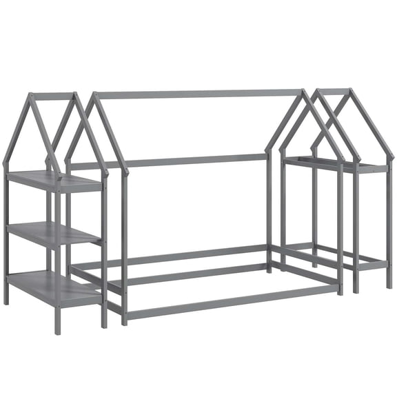 Costway Twin Size House Bed Montessori Floor Bed with Detachable Storage Shelves Gray