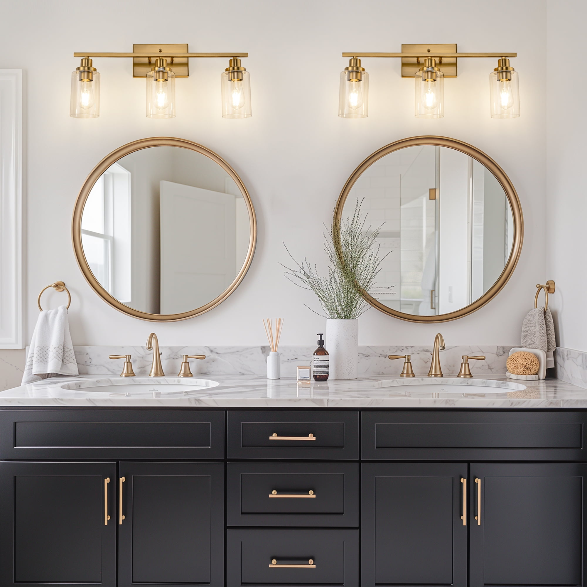 Briignite 3 Light Bathroom Light Fixture in Brushed Brass – Modern Farmhouse Vanity Light with Glass Shades for Bathroom, Bedroom, Living Room