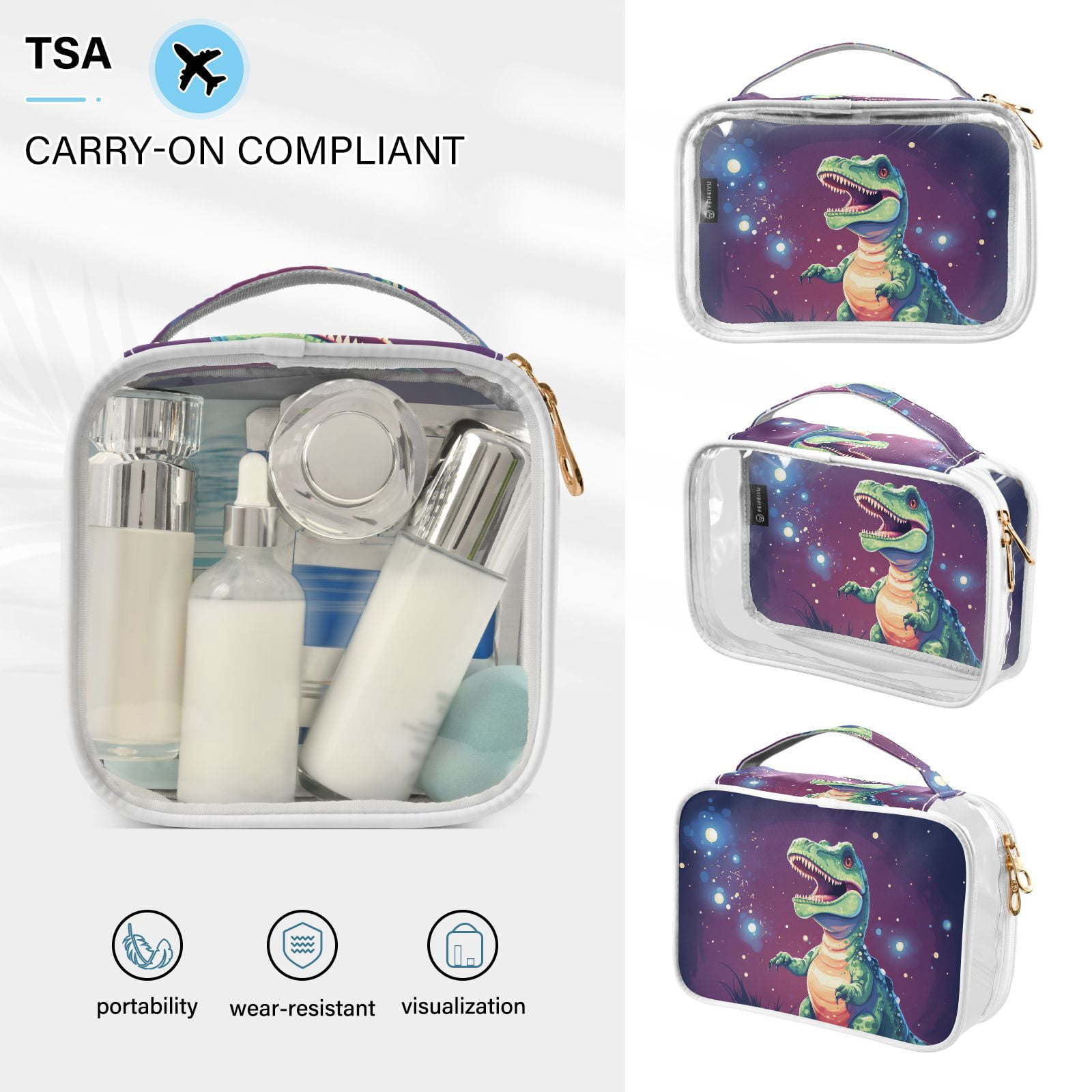Clear Makeup Bags with Handle Large Opening 2 Pack Set Toiletry Bag Quart Size Bag, for Women Man Traveling Travel Essentials, Toiletries and Other. Dinosaur Cute