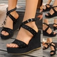 thumbnail image 2 of Platform Wedge Sandals Women Open Toe Suede Heels Fashion Studded Crooss Strap Comfy Arch Support Slingback Pumps Black Size 7, 2 of 7