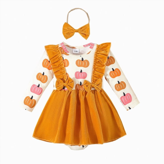 larppty My First Halloween Baby Girl Outfit Newborn Pumpkin Pie Romper Skirt Happy Thanksgiving Fall Clothes with Headband