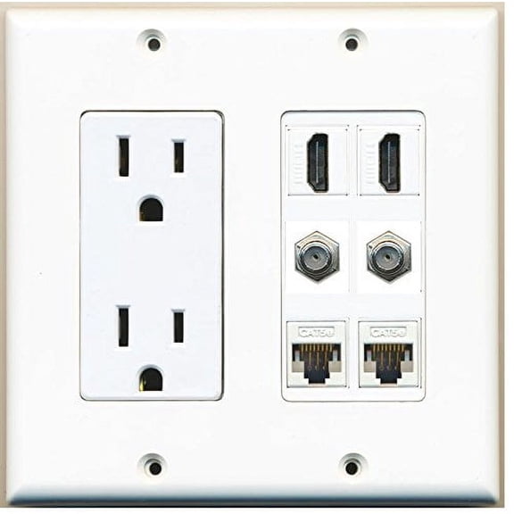 RiteAV Power Outlet 2 HDMI 2 Coax Cable TV 2 Cat5e Ethernet Wall Plate