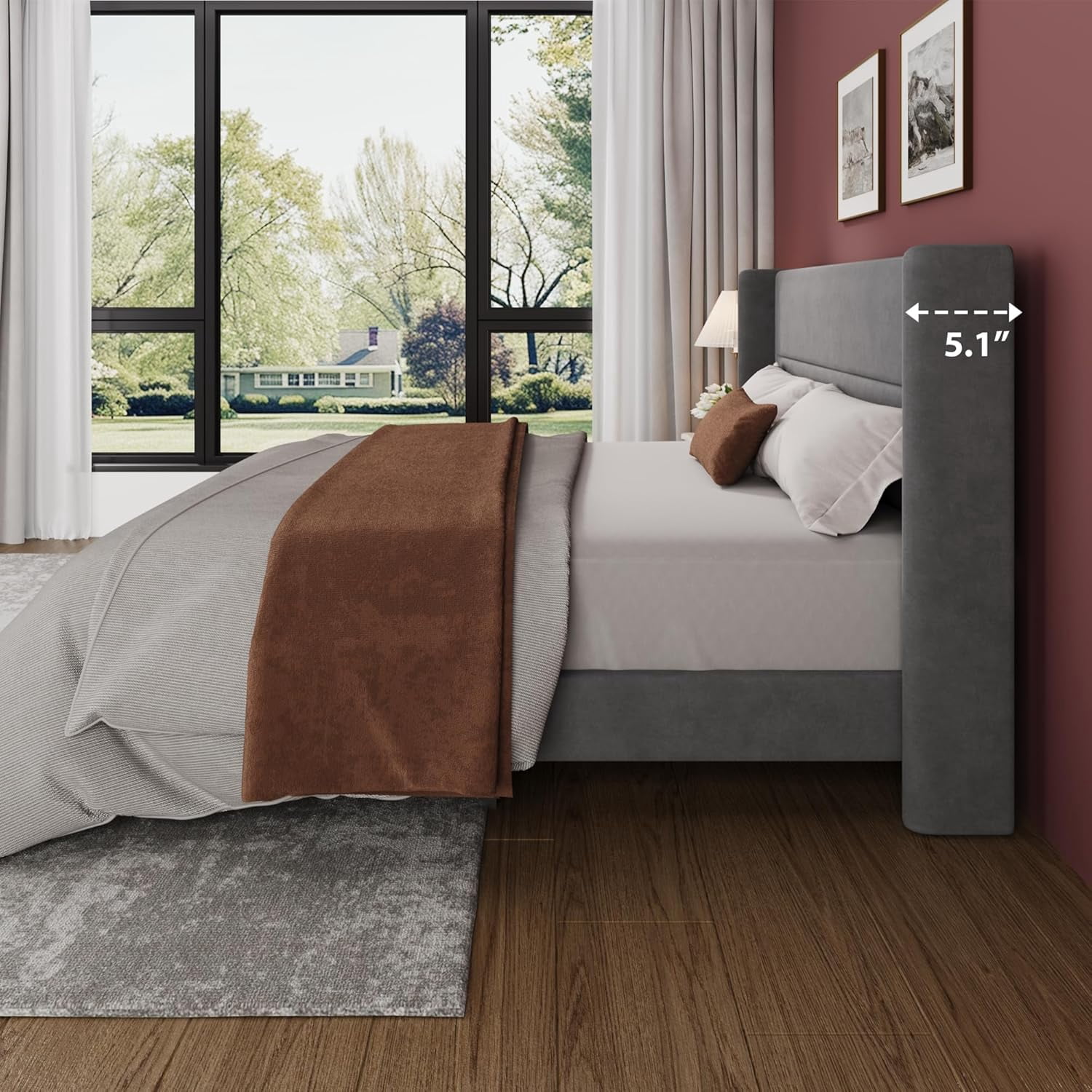 IDEALHOUSE King Size Bed Frame with Wingback Headboard, Velvet Upholstered Platform Bedframe with Wood Slats, No Box Spring Needed, Easy Assembly, Grey