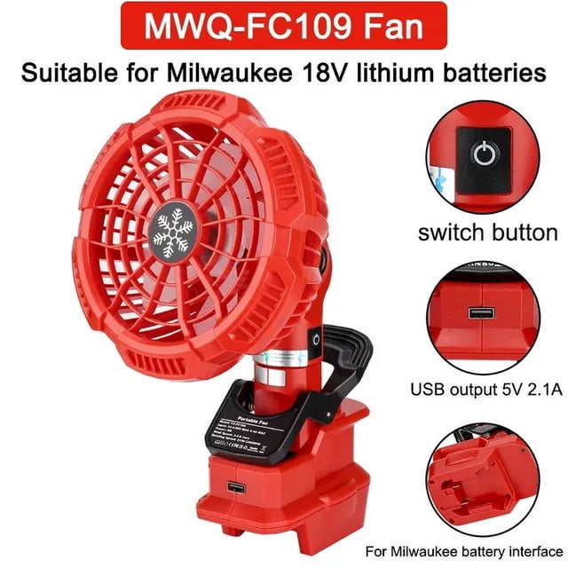 Para Makita Milwaukee Bosch Dewalt Ryobi Black & Decker Craftsman Ventilador de Batería Li-ion de 18V con Clip USB para Hogar Exterior Taller Ventilador Recargable Viento Potente