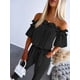 thumbnail image 3 of Women's Off-Shoulder Ruffled Sleeve Jumpsuit with Tied Waist & Pockets - Lightweight Olive Green Casual Romper for Spring/Summer, Regular Fit, 3 of 4