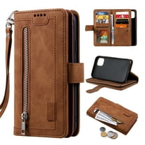 Feishell for Apple iPhone 14 Plus Wallet Case with Wrist Strap,for Women Men,Luxury PU Leather Zipper Pocket Magnetic Clasp Folio Flip Holder ID Credit Card Slots Shockproof Phone Cover,Brown