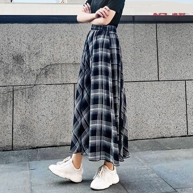PIKADINGNIS Summer Womens Plaid Skirts Fashion Elastic High Waist