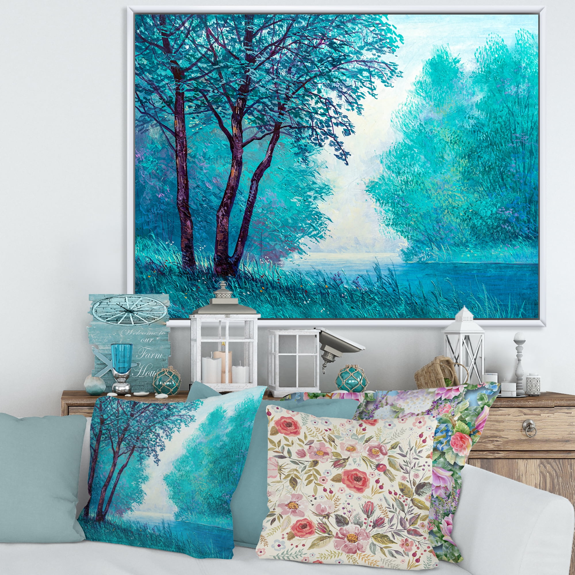 Blue Coloured Tree Impression By Riverside 32 in x 16 in Framed Photography Canvas Art Print, by Designart