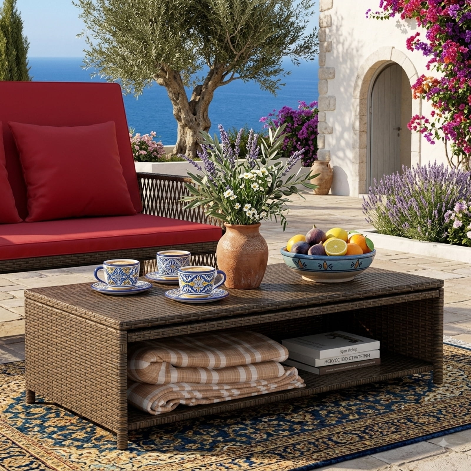 Furnibear Red Patio Wicker Daybed, 4-Position Reclining PE Rattan Loveseat with Storage Ottoman, Convertible Outdoor Sofa for Poolside, 800 LBS