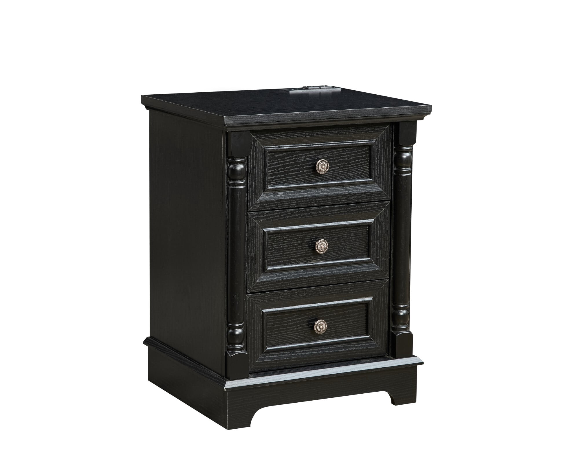 AENKYO Farmhouse 3-Drawer Nightstand with Charging Station, Rustic Wooden End Table for Bedroom & Living Room, Black