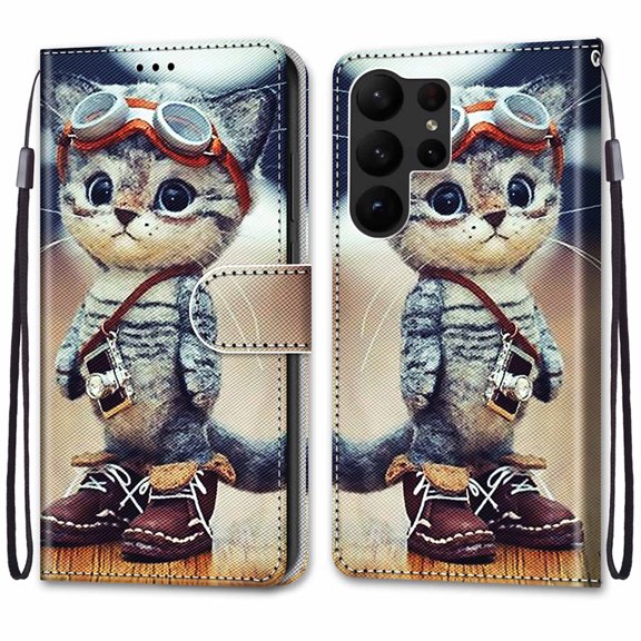SaniMore Painted Wallet Case Compatible with Galaxy S23, Stylish PU Leather Shell Magnetic Closure Shockproof Kickstand Case with Wrist Strap for Samsung Galaxy S23, Cat with Shoes
