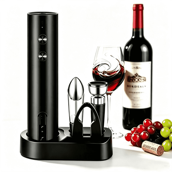 Electric Wine Opener, 5-In-1 Cordless Electric Wine Bottle Opener with Pourer, Foil Cutter,Vacuum Preservation Stoppers and Storage Base, Gifts for Wine Lovers