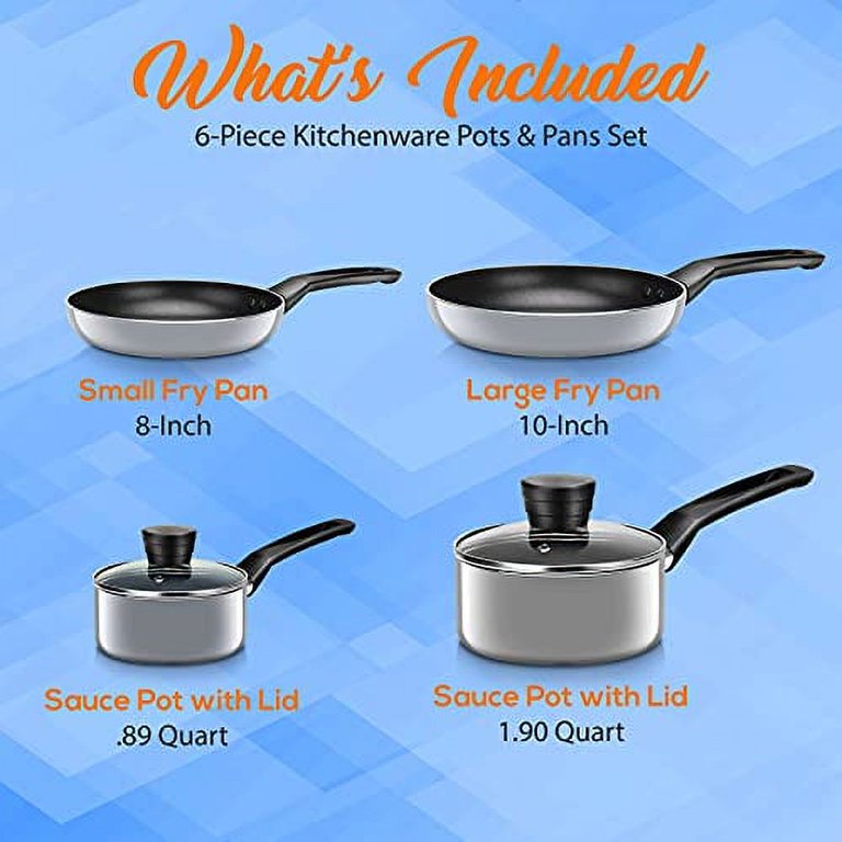 Serenelife 6-Piece Set Pots and Pans Basic Kitchen Cookware, Black Non-Stick Coating Inside, Gray