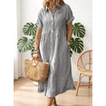 thumbnail image 2 of sicmoss Summer Women's Black Striped Cotton Short Sleeve Shirt Dress Midi Long Relaxed Fit with Button-Down Collar, 2 of 4