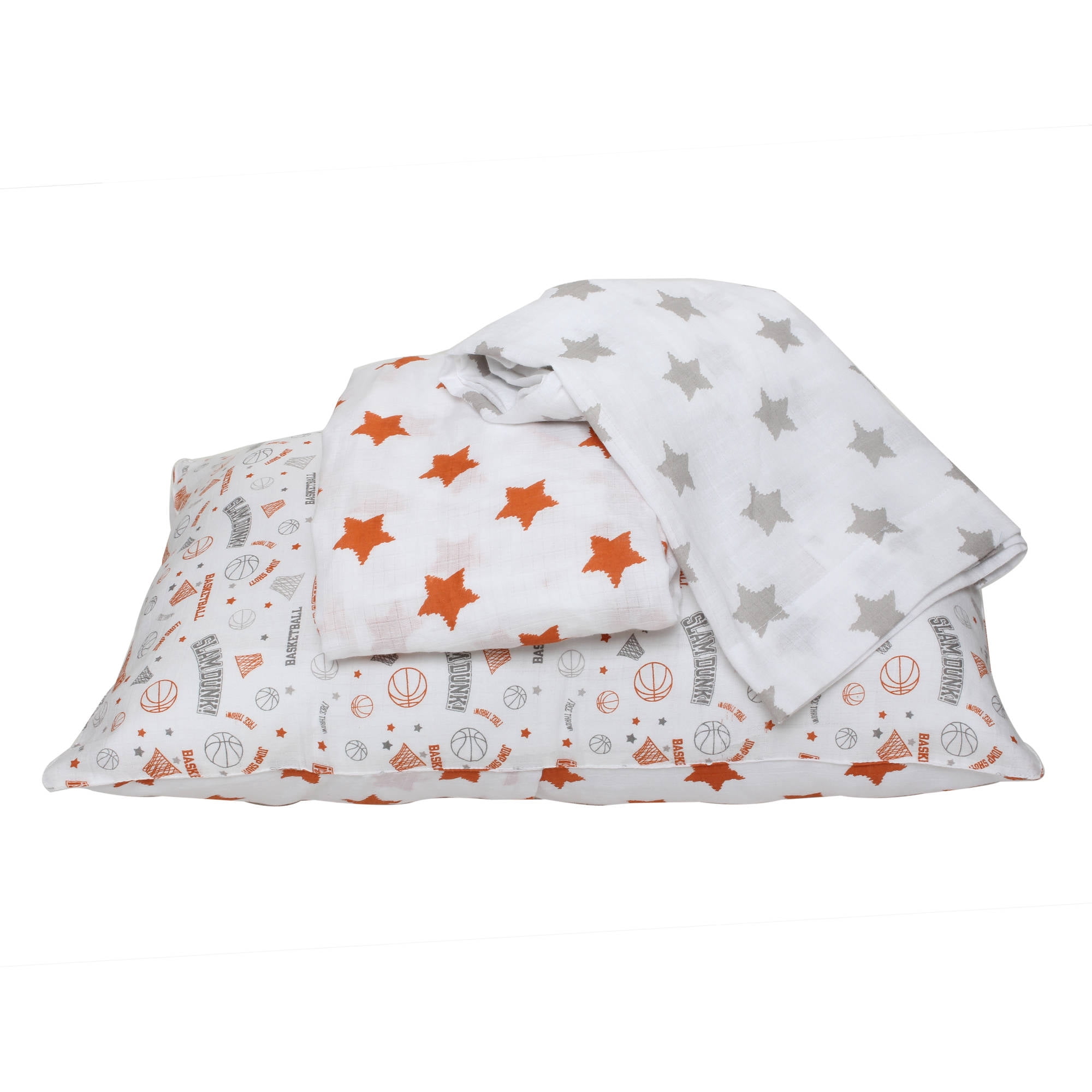 Bacati - Sports 100% Cotton breathable Muslin 3-Piece Toddler Bedding Sheet Set, Basketball Orange/Grey