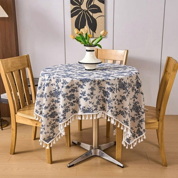 Koniroom Blue Floral Pastoral Round Tablecloth - 60 Inch - Linen Fabric Table Cloth - Washable Table Cover with Dust-Proof Wrinkle Resistant for Restaurant, Picnic, Indoor and Outdoor Dining