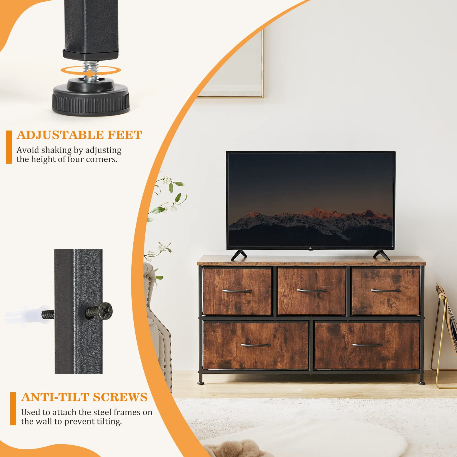 CONCETTA Dresser for Bedroom, 5 Fabric Drawers Dresser, Clothes Cabinet Storage Organizers and Wood Top Surface Table for TV, Chest of Drawers for Living Room, Hallway