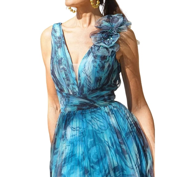 Women'S Bohemian Holiday Style Floral Swing Dress Printed Sleeveless V-Neck Mid-Waist A-Line Maxi Dress Peacock Blue M