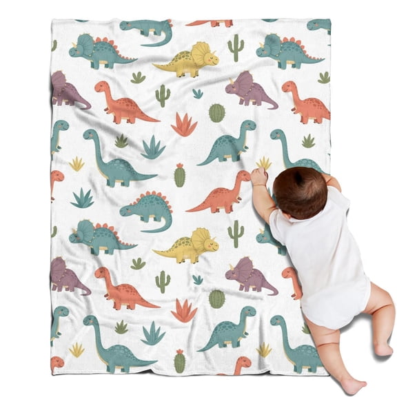 White Dinosaurs Cacti Plants Pattern Blanket,Comfortable Soft Flannel Throw Blanket,All Season,Warm Lightweight Blankets for Sofa Bed Couch Living Room Chair,30"x40"