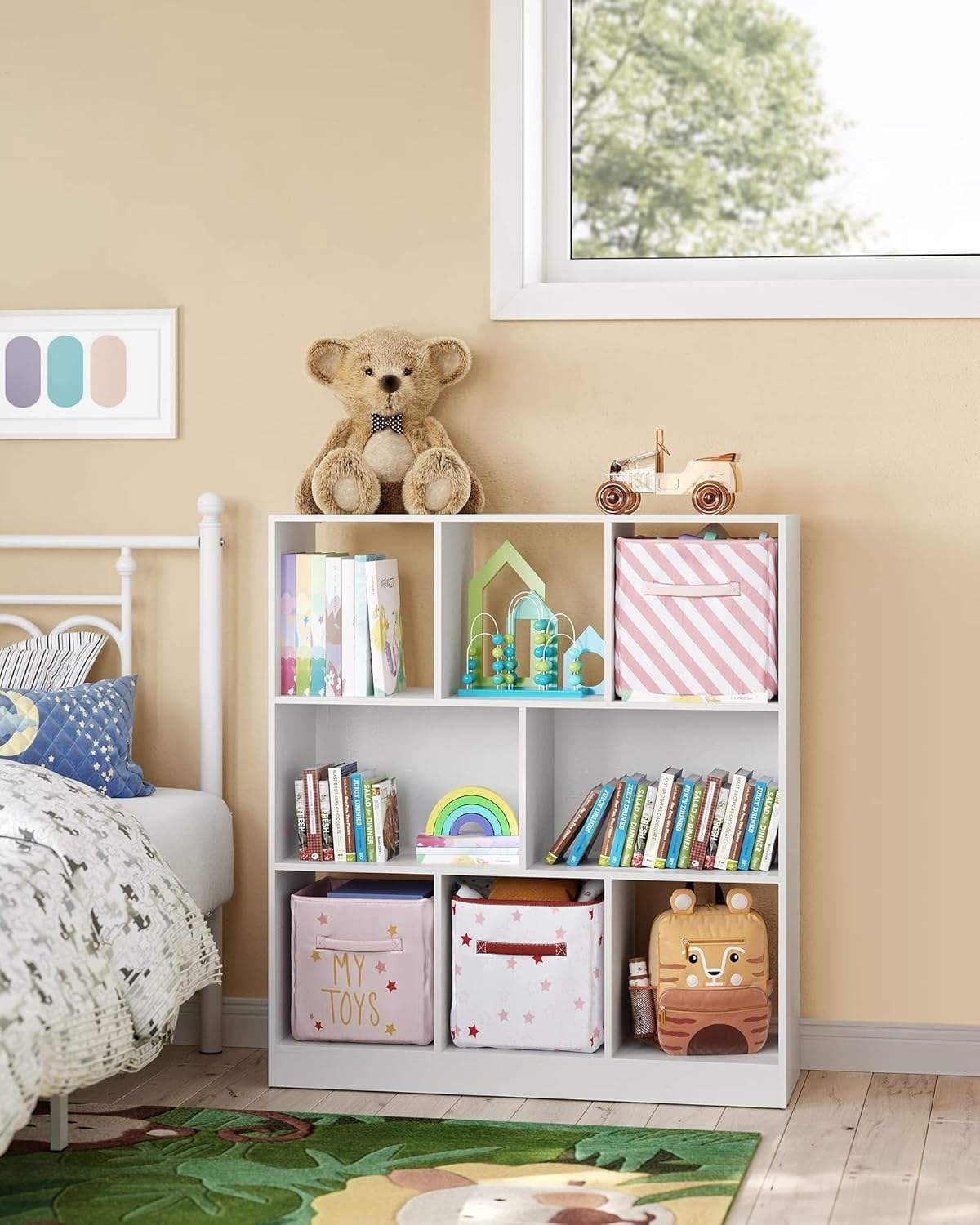 Leumius 3-Tier Bookshelf,9-Cube Open Storage Display Rack for Bedroom,Living Room,White