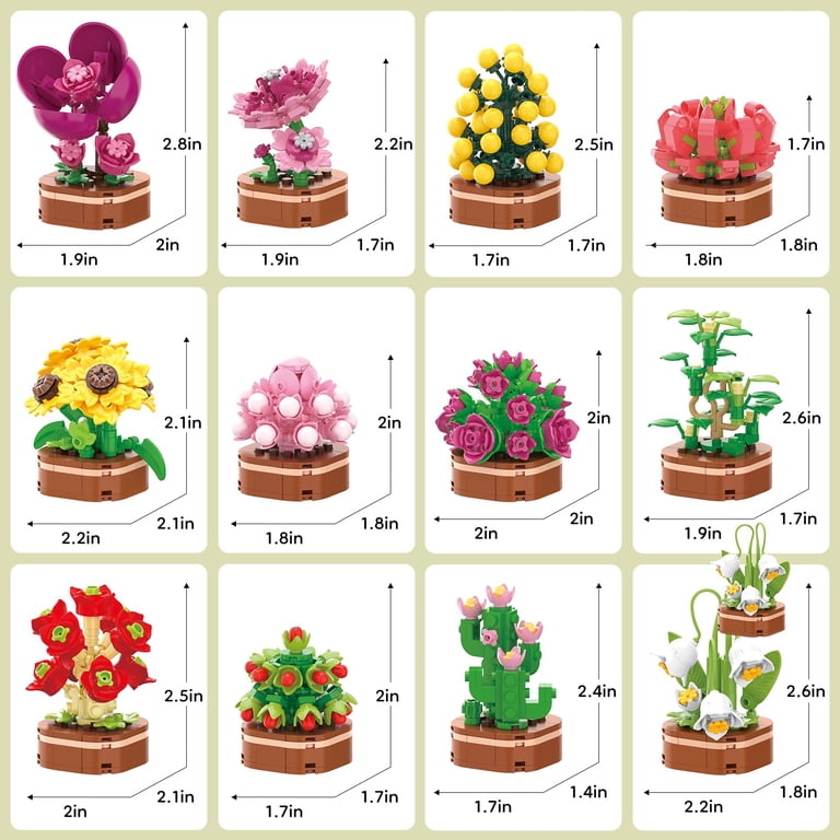 OKKIDY, 12 Pack Flower Succulent Building Bricks Set, 1001 Pcs DIY