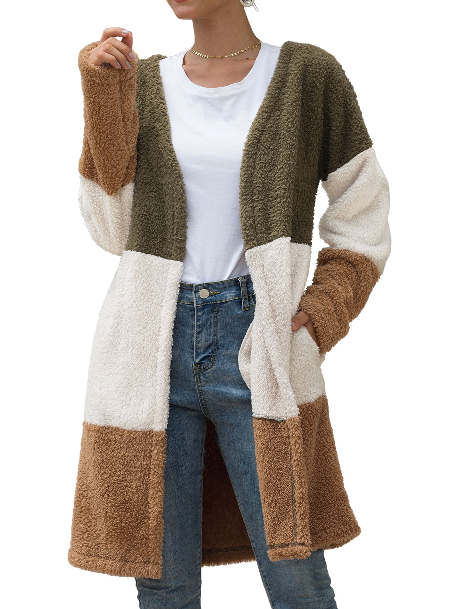 Nlife Women Colorblock Long Sleeve Fleece Open Front Cardigan