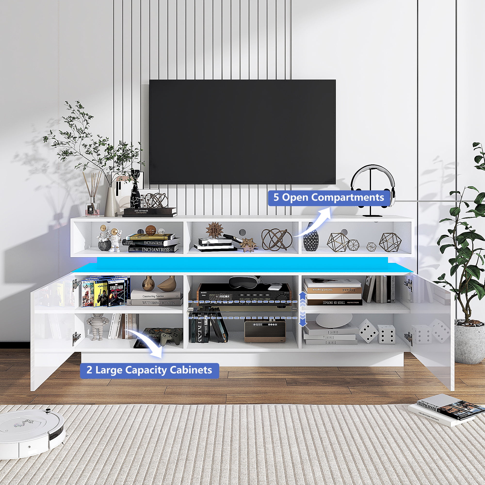 ChVans LED TV Stand for up to 70" TVs with Power Outlet, Modern Tall Entertainment Center with Storage, High Gloss Gaming TV Media Console with 2 Storage Cabinets for Living Room, Bed Room