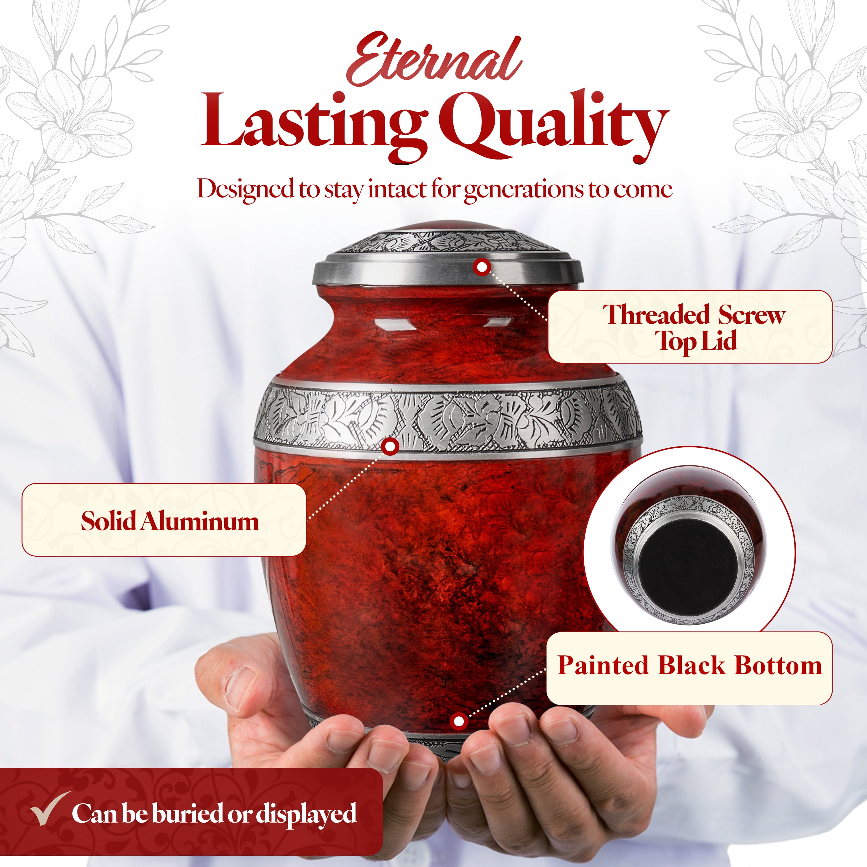 Cremation Urn for Adult Human Ashes -Hand Engraved Name Large Handcrafted Funeral Memorial with Striking Red Design (Aluminum - 10 Inch Height x 7 Inch Width)
