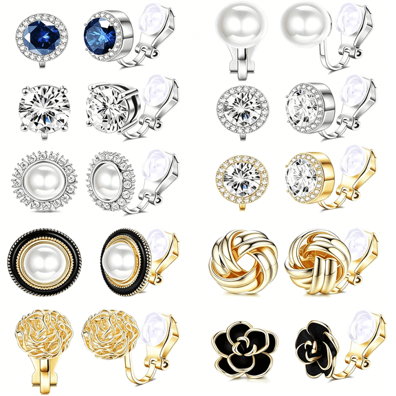 DESIGNICE 10 Pairs Clip Earrings for Women Clip on Earrings for Non Pierced Cz Flower Simulated Freshwater Pearl Twist Knot Clip Earrings Sets Gold Silver Tone